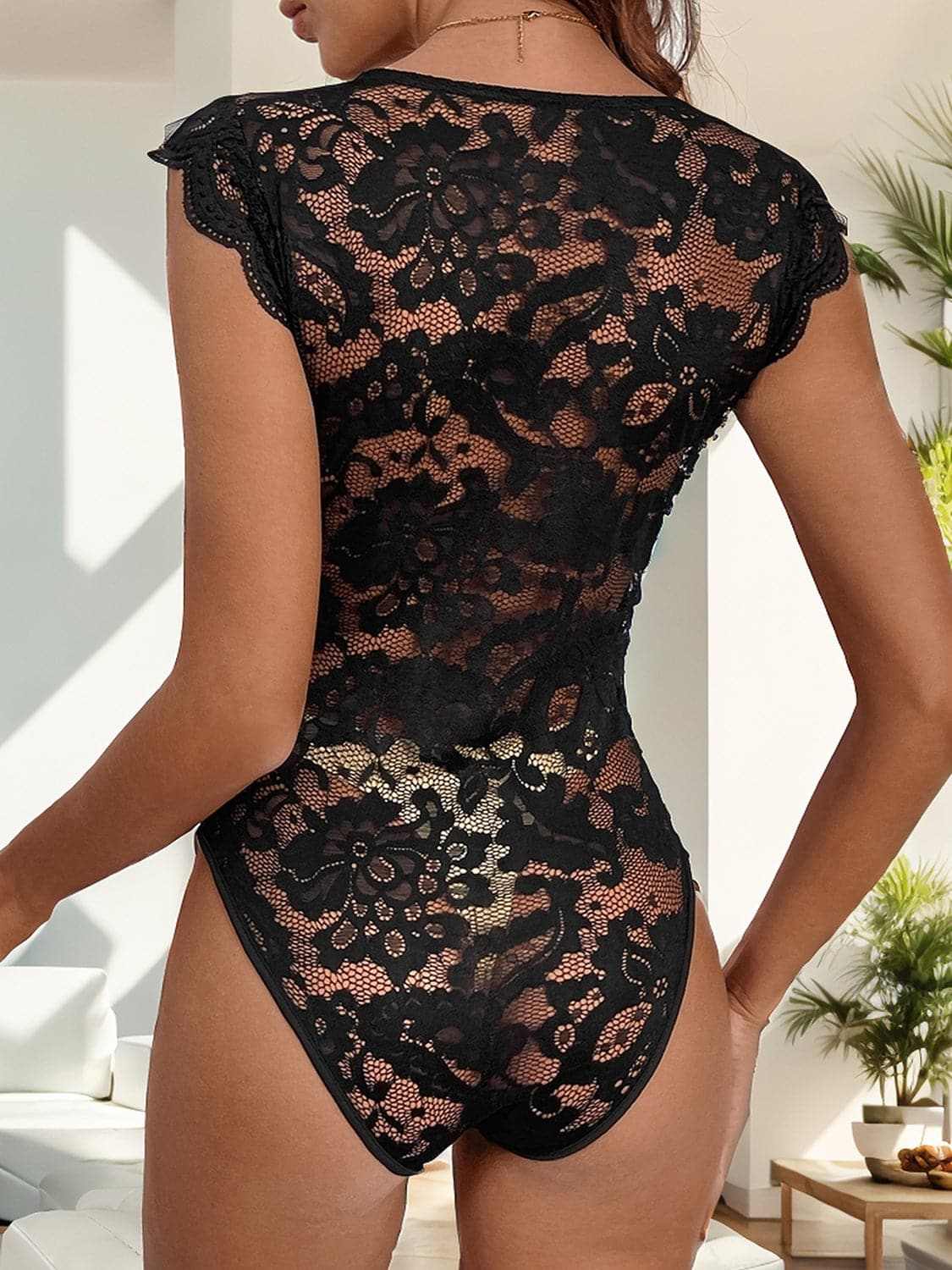 Lace v-neck bodysuit with sheer details - Love Salve